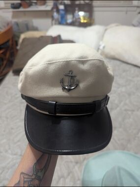 Cream Nautical Captain's Hat with Black Brim